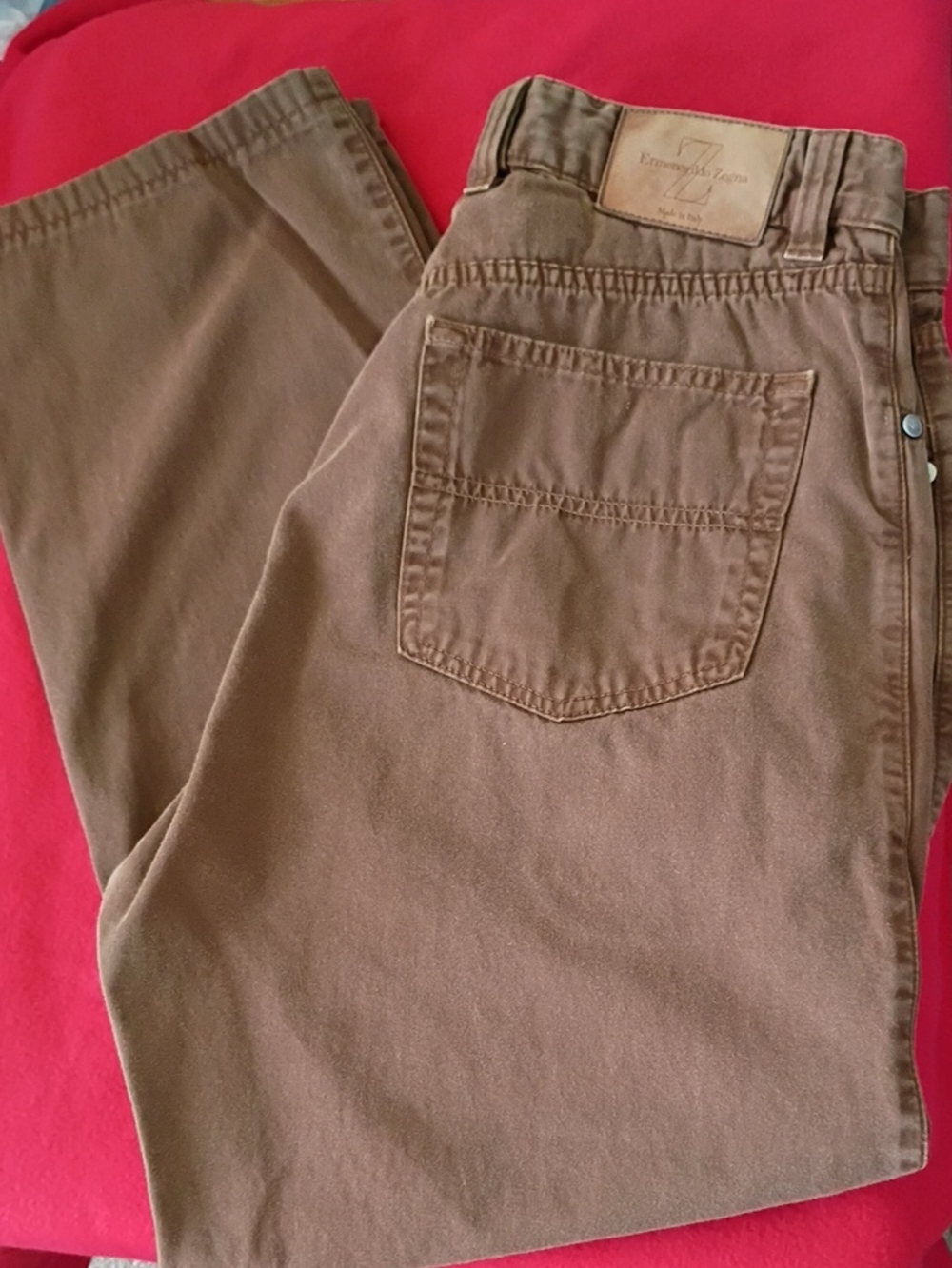 Vintage Ermenegildo Zegna Tan Cotton Casual Pants with Leather Patch